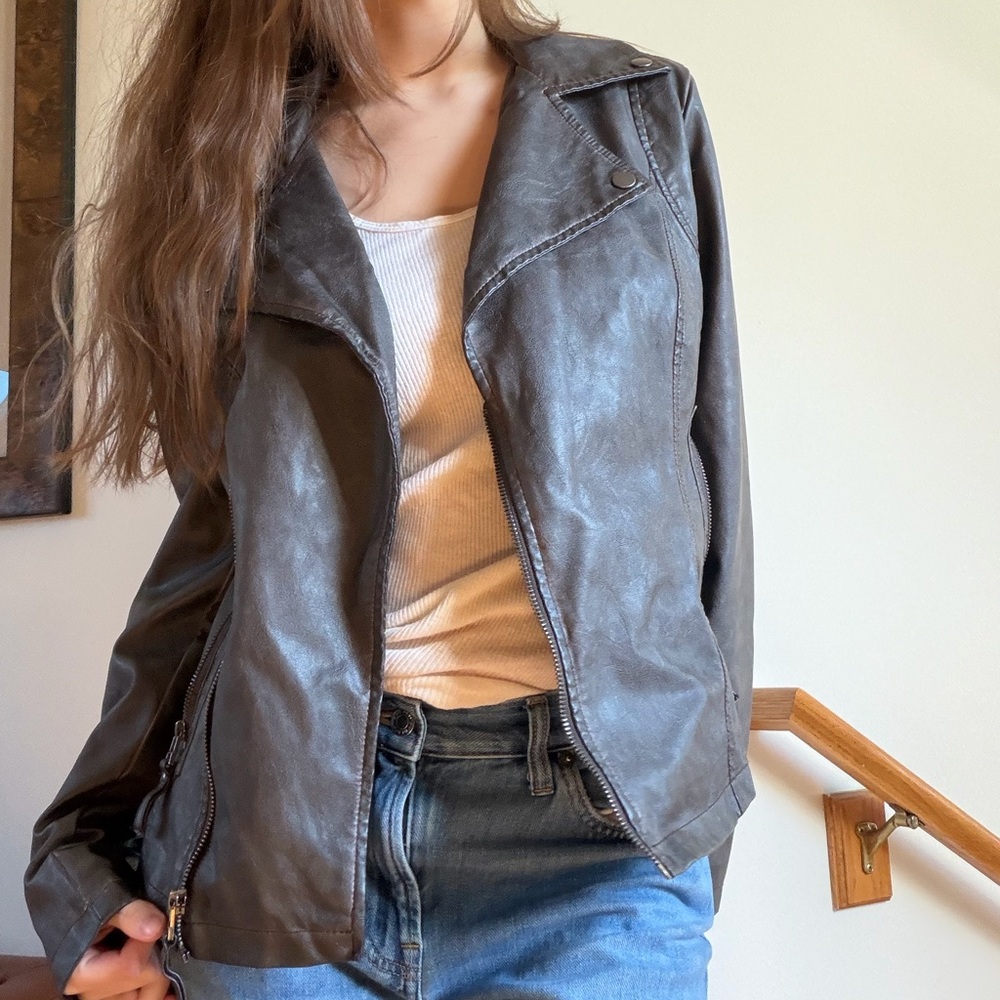 NEW: Max Studio Faux Leather Moto Jacket in Charcoal Gray